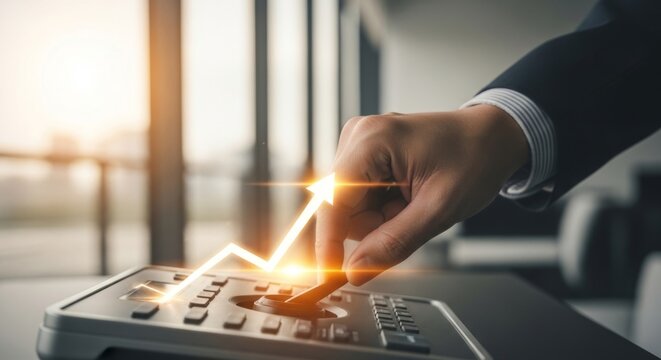 Businessman's hand adjusts control lever, activating upward growth arrow in modern office with golden hour light