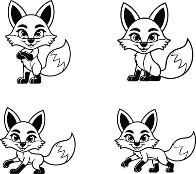 Fox Mascot Character Set - Cute Cartoon Fox Poses in Black and White