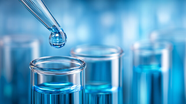 Scientific laboratory analysis with pipette drop over blue liquid samples in glass test tubes, biotechnology research, clinical diagnostics, pharmaceutical experiment, chemical tes