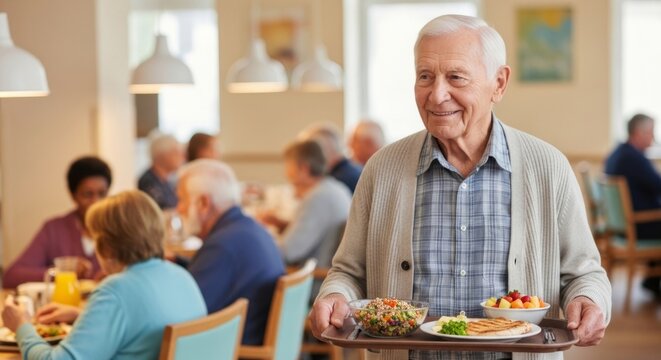 Smiling senior man carries a healthy lunch tray in a sunlit nursing home dining hall, surrounded by friends sharing a meal