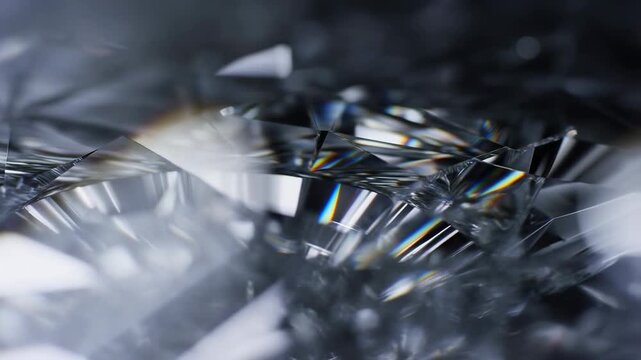 Slow motion tracking shot of diamond facets reflecting and refracting light on tabletop studio display with prismatic rainbow glints close up