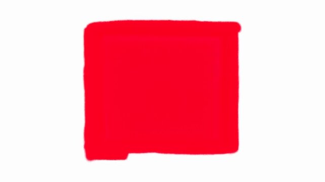 Static shot of red paint square being drawn and filled on white background in studio with subtle shift and hand movement