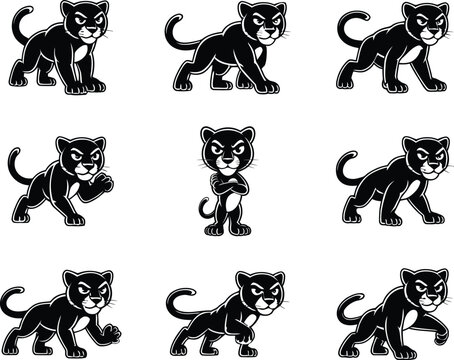 Panther Mascot Character Set - Aggressive Black Panther Cartoon Poses