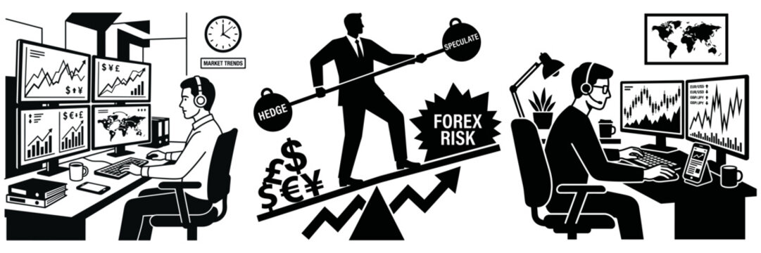 Black and white vector illustration of traders analyzing financial charts while a businessman balances hedging and speculation against forex risk