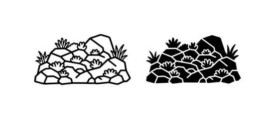 Rocky Terrain, Stone Pile, Vegetation Elements, Vector Icons © Saifur