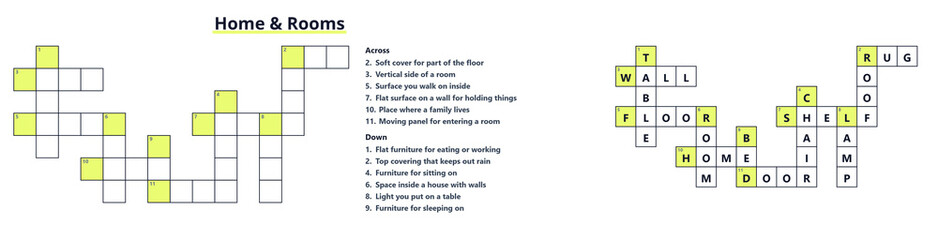 Obraz premium Home and Rooms Crossword Puzzle with Answers for Kids