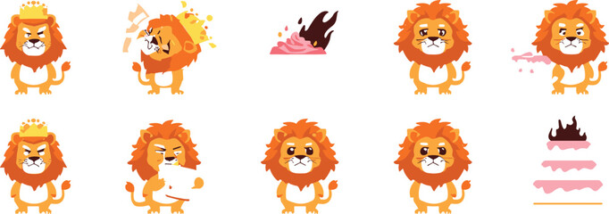 Obraz premium Cute cartoon lion character set showing angry sad and funny expressions with a birthday cake vector illustration isolated on white