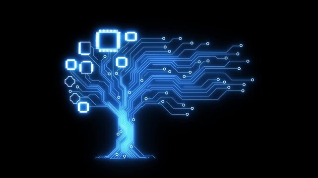 Neon circuit tree with glowing electronic connections, futuristic digital technology concept.