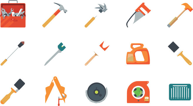 Carpentry and construction tools icon set with toolbox hammer hand saw tape measure chisel paintbrush and nails vector illustration isolated