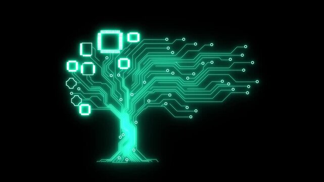 Neon circuit tree with glowing electronic connections, futuristic digital technology concept.