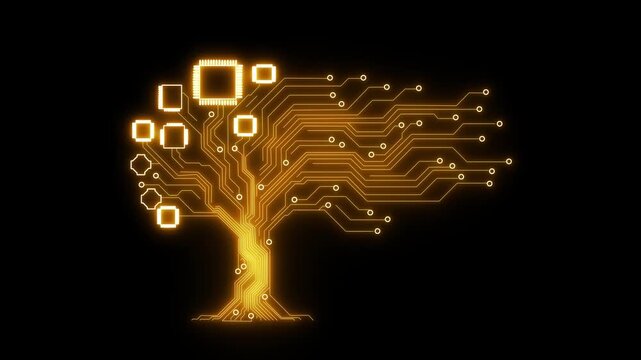 Neon circuit tree with glowing electronic connections, futuristic digital technology concept.
