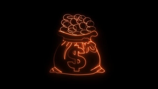 Neon Glowing Money Bag and Coins with doller Icon &ndash; Digital Currency or Finance Concept.4k video