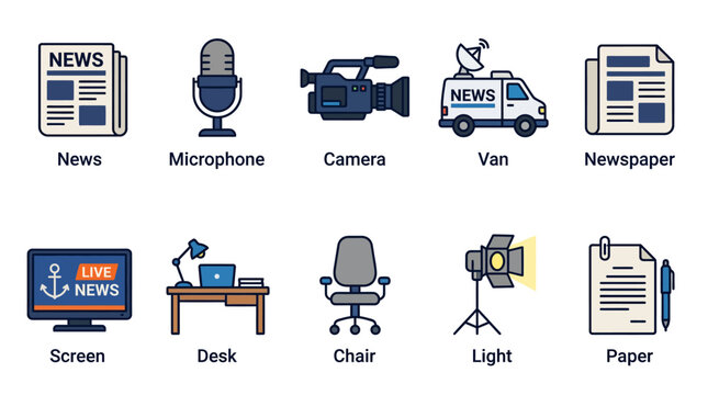 Collection of news media and broadcasting icons set.