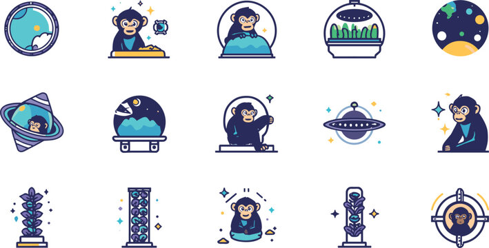 Cute chimpanzee astronaut icon set with spaceship porthole green alien plants rocket ship and cosmic galaxy elements vector illustration isolated