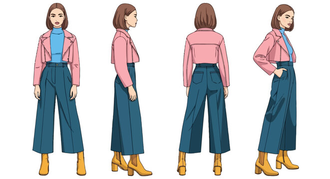 Female Fashion Character Turnaround Sheet Front Side and Back Views, Pink Jacket and Blue Pants Isolated on White