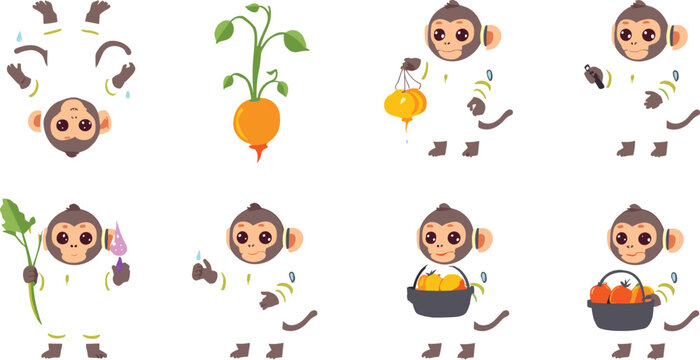 Cute chimpanzee astronaut character set farming space plants harvesting carrots and holding fruit baskets vector illustration isolated on white background