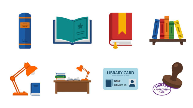 Colorful flat design icons of books and library items.
