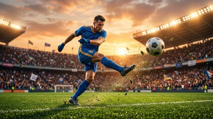Naklejka premium Soccer player in blue uniform powerfully kicks ball during sunset match
