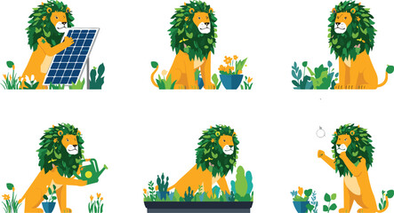 Cute lion mascot character set with green leaf mane installing solar panel and watering garden plants vector illustration isolated © Sreemotimadhobi