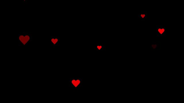 Falling festive confetti small hearts confetti. Valentines day hearts icon falling animation on black screen background. Romantic red heart flying 4k video. 3d red hearts falling abstract animation.