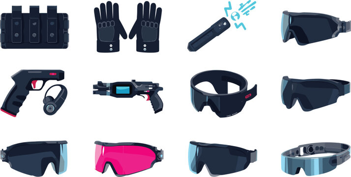 Futuristic tactical gear icon set with sci fi glasses weapons gloves pouch and high tech security equipment vector illustration isolated