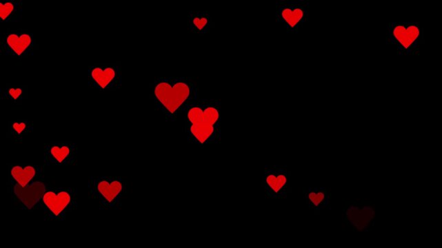Falling festive confetti small hearts confetti. Valentines day hearts icon falling animation on black screen background. Romantic red heart flying 4k video. 3d red hearts falling abstract animation.
