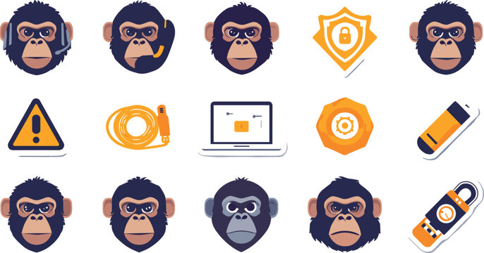  Network security chimpanzee head icon set with tech laptop warning sign secure lock shield and headset vector illustration isolated