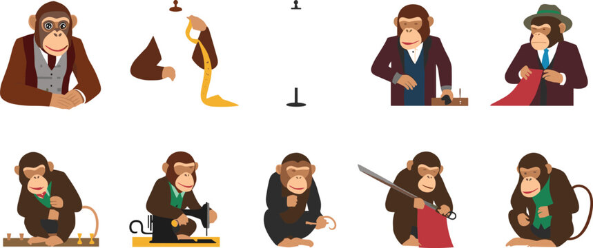 Smart chimpanzee tailor character set using a sewing machine measuring fabric and sewing classic gentlemen suits vector illustration isolated