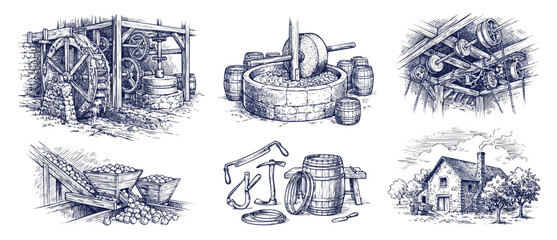 Vintage cider mill engraving set showing traditional apple press, rustic waterwheel mechanism, farm tools, wooden barrels and stone farmhouse in detailed classic retro woodcut sketch style graphic art © Dinali