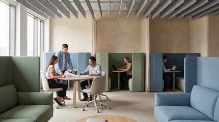 Fototapeta na wymiar Quiet Team Area With Upholstered Partitions And Felt Blade Ceiling