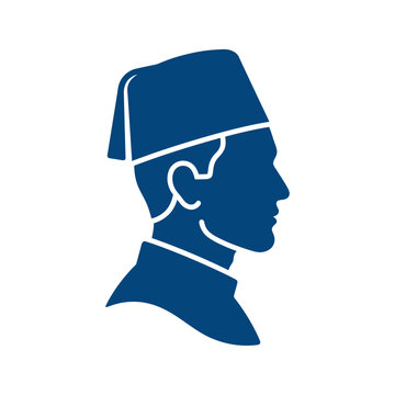Blue profile silhouette of a man wearing a traditional Turkish fez hat on a white background.