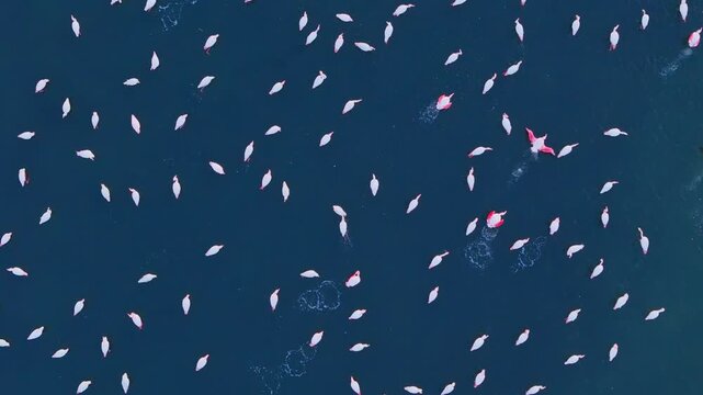 Flamingos wading in shallow coastal lagoon. Bird group in wetland environment with clear water and visible spacing between individuals