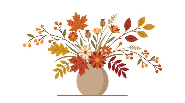 Autumn floral arrangement in a vase with fall leaves and flowers Vector