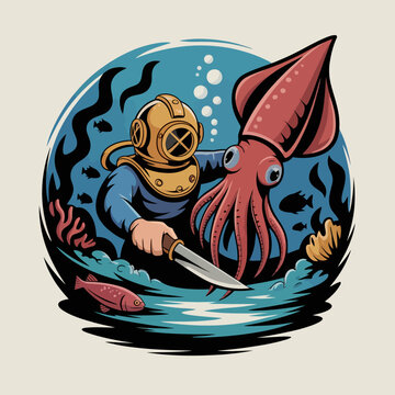Diver encounters giant squid underwater adventure.