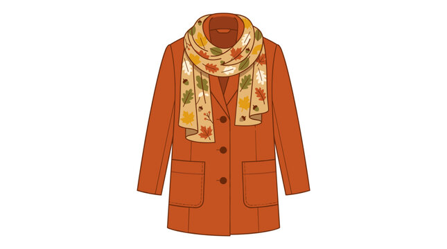 Autumn coat and scarf with leaf pattern isolated on white background Vector