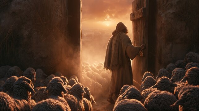 A shepherd opening the gate of a sheepfold at first light