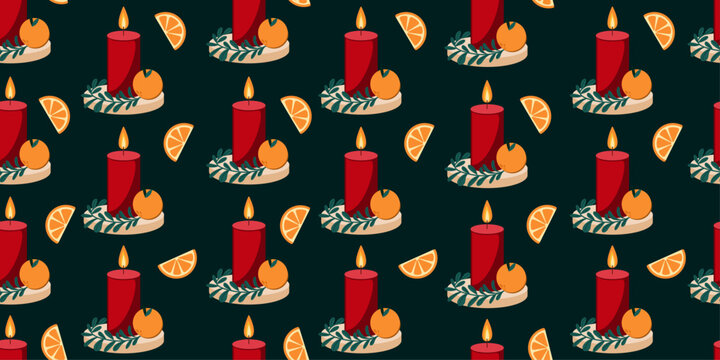 Winter seamless pattern with red candle on wooden base with mandarin and green branch. Christmas background for holiday decor,  seasonal invitations, wrapping paper