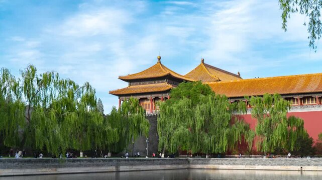 Forbidden City palace and moat with willow trees in Beijing, China in Forbidden City, Beijing, China