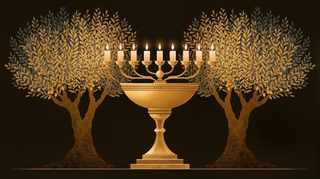 A solid gold lampstand with a bowl at the top and seven lamps, flanked by two olive trees