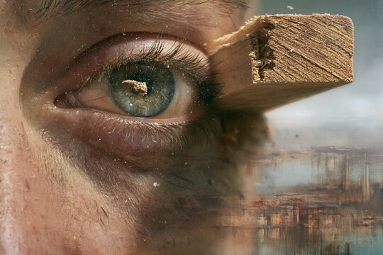 A speck of sawdust in a brother's eye while a massive wooden plank protrudes from the observer's eye, surreal