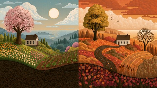 A time to plant and a time to uproot, dual-season landscape split down the middle, spring vs autumn, Ecclesiastes