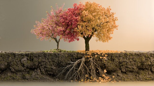 A time to plant and a time to uproot, dual-season landscape split down the middle, spring vs autumn, Ecclesiastes
