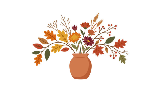 Autumn bouquet in a vase with colorful fall leaves and flowers Vector