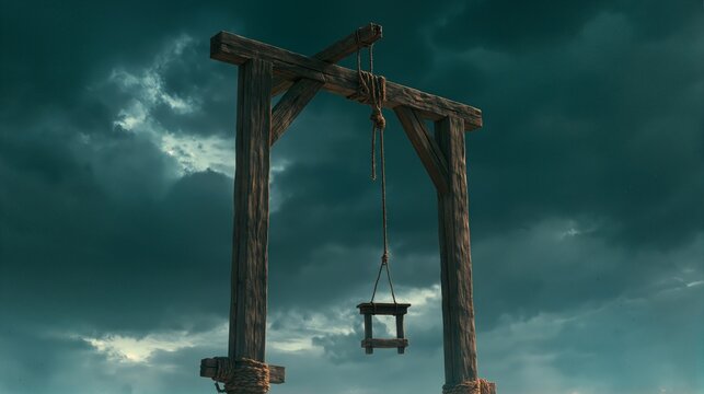 A towering wooden gallows built by Haman against a dark, ominous Persian sky, themes of poetic justice