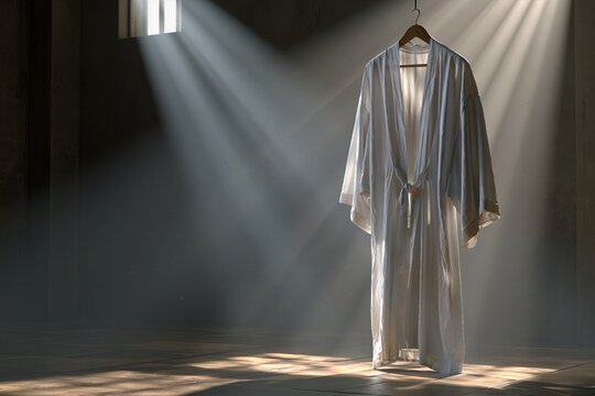 A white robe hanging in brilliant light, righteousness symbolism