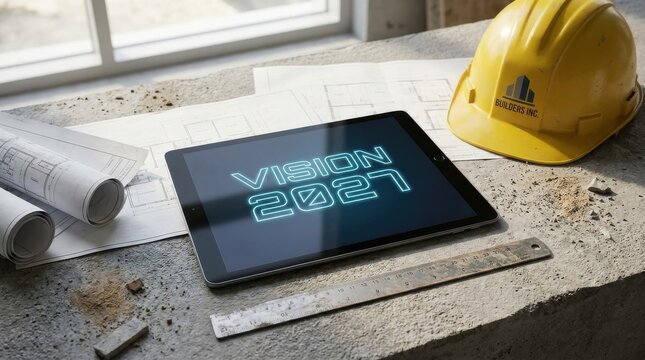 Technical drawing on tablet with yellow hard hat on construction site