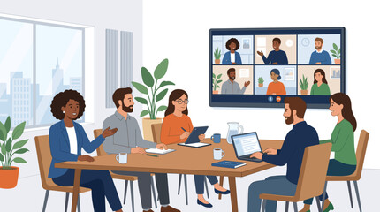 Fototapeta premium Diverse team collaborating in a modern office with a video conference on screen Vector