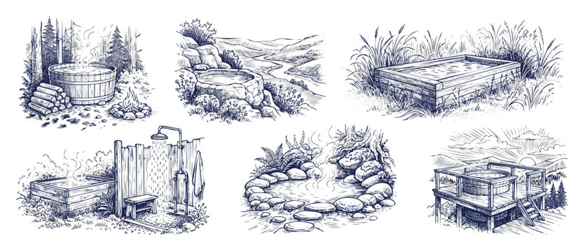 Outdoor spa bath illustration set of hand drawn hot tubs, open air pools, and natural hot spring showers in forest and mountain landscape designs for wellness, relaxation, and backyard designs.