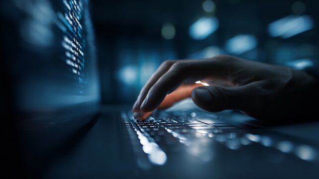 Side View of Hands Using a Laptop Keyboard in a Dimly Lit Workspace with Code