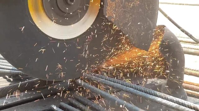 Industrial Power Chop Saw Cutting Heavy Duty Steel Rebar Rods with Bright Sparks Flying in Construction Site